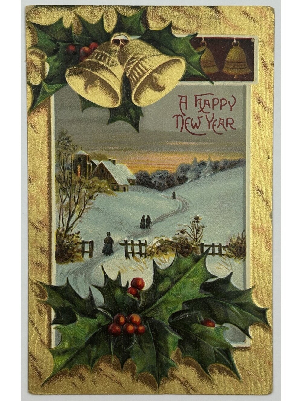 Vintage A Happy New Year Postcard Winter Snow Scene Holly Gold Bells Antique E14